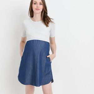 <CMD1886A>  INDIGO MATERNITY/NURSING MINI POCKET DRESS